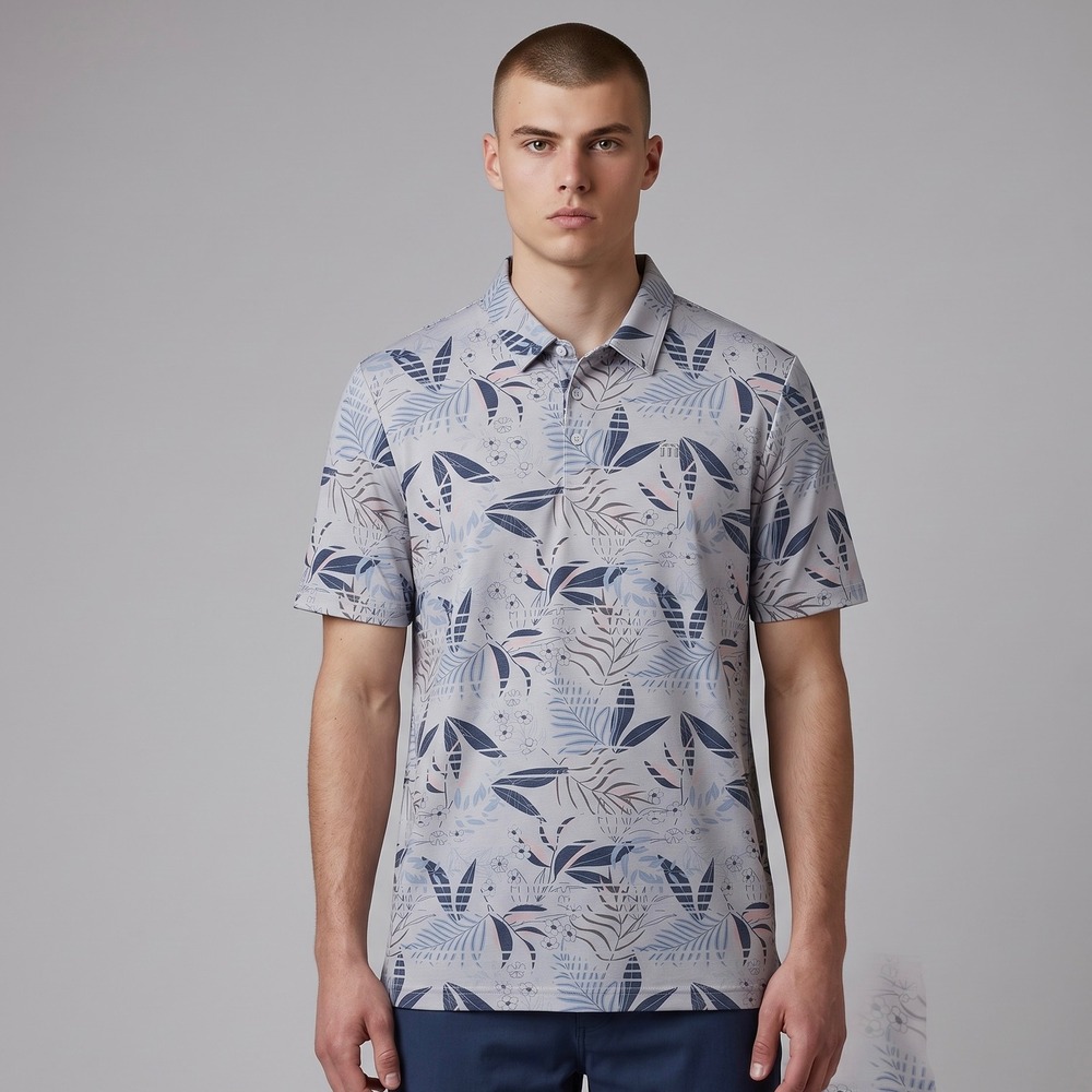 TravisMathew Rip Current Polo Mens XL Grey New Tropical Leaf Golf Shirt 1MAA017
